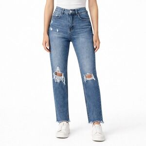 Papaya Clean Girl Jeans Medium Wash Distressed High Rise Straight Leg Size 1